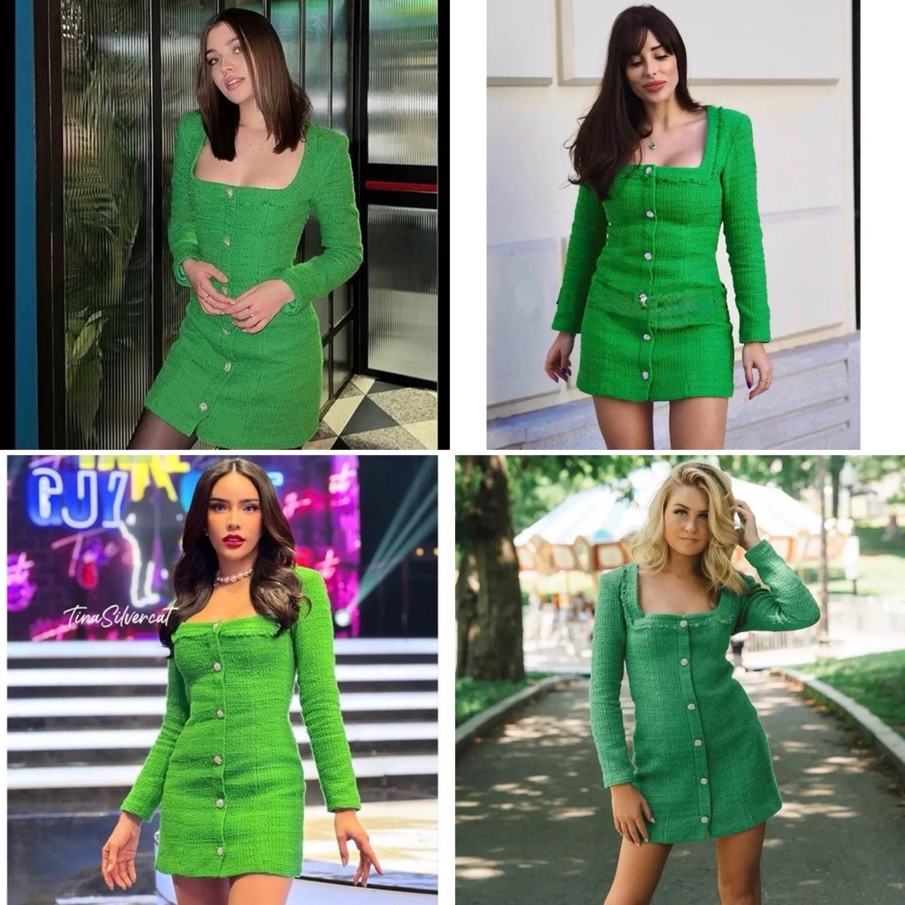 ZARA Kelly Green Textured Tweed Mini Dress Jewel Buttons NWT S Blogger Favorite - Picture 5 of 16